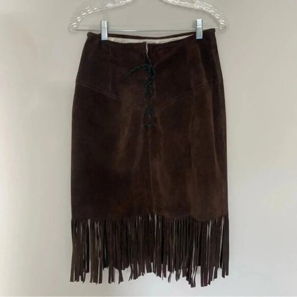 Vintage Mister Leather Chocolate Brown Suede Leather Fringe Midi Skirt - Picture 3 of 16